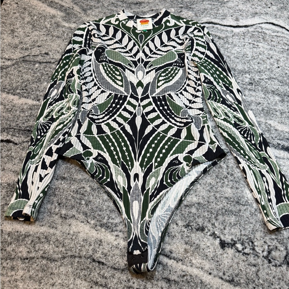 FARM Rio Puff Sleeve Green and Black Bodysuit - Picture 6 of 11